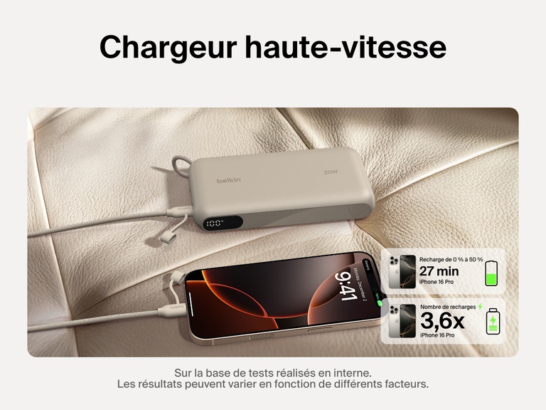 Image d'une batterie externe 20K Belkin BoostCharge avec écran intégré rechargeant rapidement un iPhone 16 Pro de zéro à 50 % en 27 minutes et offrant jusqu’à 3,6 recharges complètes, l’idéal pour une alimentation portable étendue.