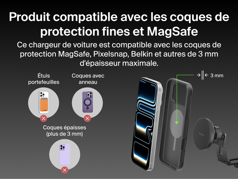 Belkin BoostCharge Magnetic Wireless Charging Car Vent Mount shown compatible with MagSafe, Pixelsnap, and thin Belkin cases up to 3mm, with wallet cases, thick cases, and ring grips not supported.