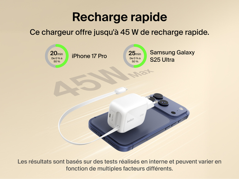Image du chargeur secteur GaN Belkin Ultracharge avec c&acirc;ble r&eacute;tractable (45&nbsp;W) test&eacute; pour sa r&eacute;sistance &agrave; plus de 20&nbsp;000&nbsp;branchements et d&eacute;branchements, &agrave; plus de 10&nbsp;000&nbsp;plis et &agrave; une charge de 10&nbsp;kg.