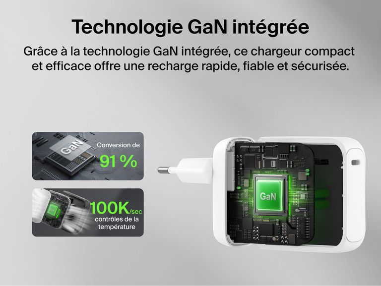 Image du chargeur secteur GaN Belkin Ultracharge avec c&acirc;ble r&eacute;tractable (45&nbsp;W), un c&acirc;ble USB-C int&eacute;gr&eacute; de 70&nbsp;cm, un port USB-C, recharge rapide, design compact, avec protection antisurchauffe.