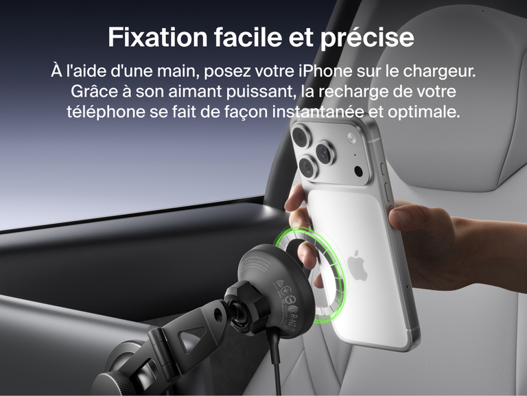 Belkin BoostCharge Magnetic Wireless Charging Car Vent Mount shown aligning and securing an iPhone with one-hand magnetic placement for instant, optimized charging.