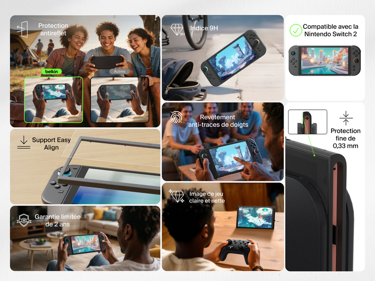 Une image comparative montrant la compatibilité d'une protection d'écran conçue spécifiquement pour la Nintendo Switch 2. Le centre présente la Switch 2 avec une coche verte et l'étiquette « Compatible With Nintendo Switch 2 » (Compatible avec Nintendo Switch 2). À droite, trois autres modèles — Nintendo Switch Lite (bleu), Nintendo Switch OLED (blanc) et Nintendo Switch 2017 (avec les Joy-Con rouge et bleu) — sont représentés avec des X rouges et des étiquettes indiquant qu'ils ne sont pas compatibles. Le titre indique : « Built for Switch 2 Gameplay » (Construit pour le gameplay de Switch 2).