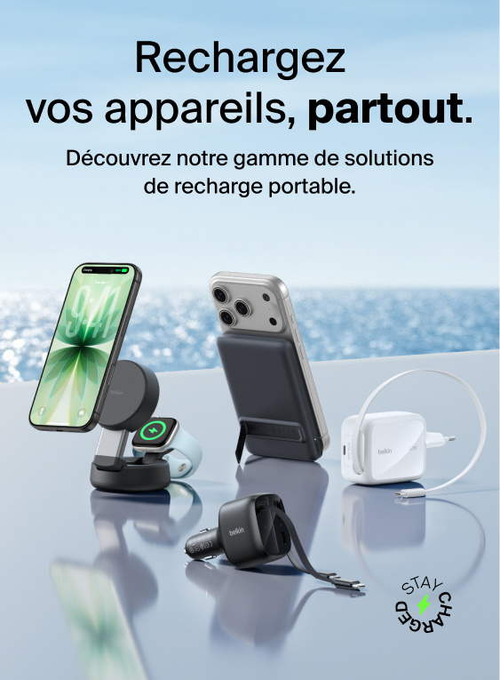 Rechargez vos appareils partout. Voici la gamme d'accessoires de recharge portable Belkin&nbsp;: chargeurs de voiture, supports de recharge 3-en-1 MagSafe, batteries externes magn&eacute;tiques, chargeurs secteurs compacts.