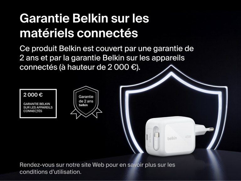 Image du chargeur secteur GaN Belkin Ultracharge avec c&acirc;ble r&eacute;tractable (45&nbsp;W) et de la garantie 2&nbsp;ans et garantie Belkin &agrave; hauteur de 2&nbsp;000&nbsp;&euro;.