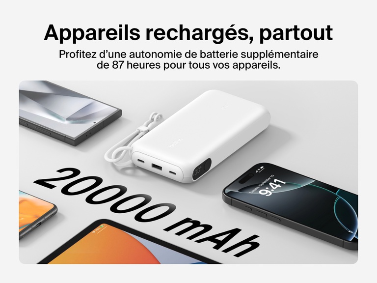 Une batterie externe 20K Belkin BoostCharge avec écran intégré est présentée comme offrant jusqu’à 87 heures d'autonomie supplémentaire avec sa capacité de 20 000 mAh, dotée d'un design compact et accompagnée d'un câble USB-C amovible pour une alimentation mobile.