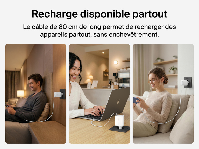 Image du chargeur secteur GaN Belkin Ultracharge avec c&acirc;ble r&eacute;tractable (45&nbsp;W) offrant une recharge rapide jusqu'&agrave; 45&nbsp;W sur un smartphone.