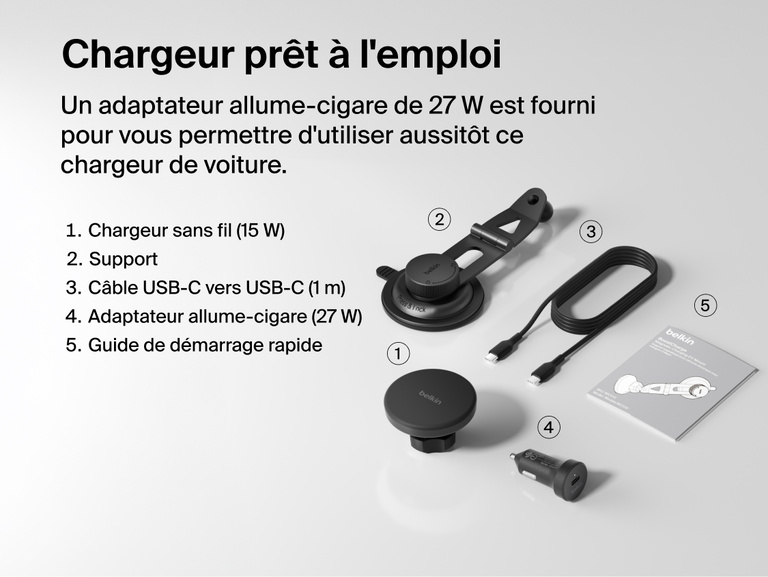 Belkin BoostCharge Magnetic Wireless Charging Car Vent Mount shown with all in-box items including 15W charger, vent mount, 27W car adapter, 1m USB-C cable, and quick start guide.