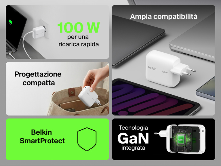 Il caricabatteria da parete GaN con cavo retrattile da 45 W Belkin UltraCharge include un cavo USB-C da 0,7 m integrato, una singola porta USB-C, la ricarica rapida, un design compatto ideale per i viaggi e la protezione contro il surriscaldamento