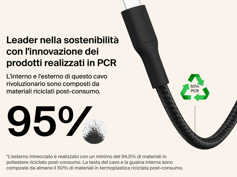 Il cavo da USB-C a USB-C da 60 W Belkin Gaming per Nintendo Switch 2 è realizzato in modo sostenibile con il 95% di materiali riciclati post-consumo, e include un rivestimento intrecciato in poliestere e componenti in termoplastica. 