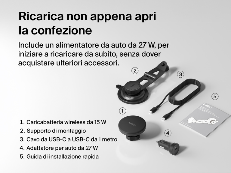 Belkin BoostCharge Magnetic Wireless Charging Car Vent Mount shown with all in-box items including 15W charger, vent mount, 27W car adapter, 1m USB-C cable, and quick start guide.