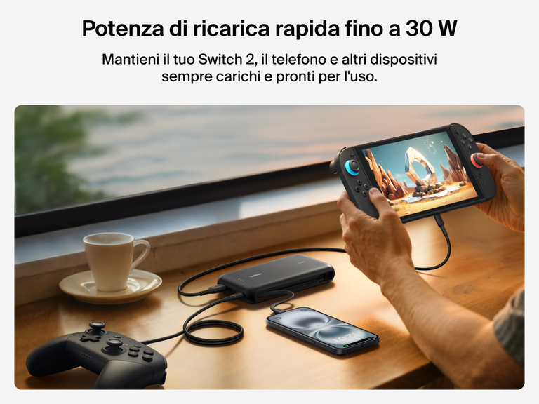 La power bank 20K Belkin Gaming fornisce una ricarica rapida fino a 30 W per Nintendo Switch 2, smartphone e accessori di gioco, per continuare a giocare durante gli spostamenti senza fermarsi mai.