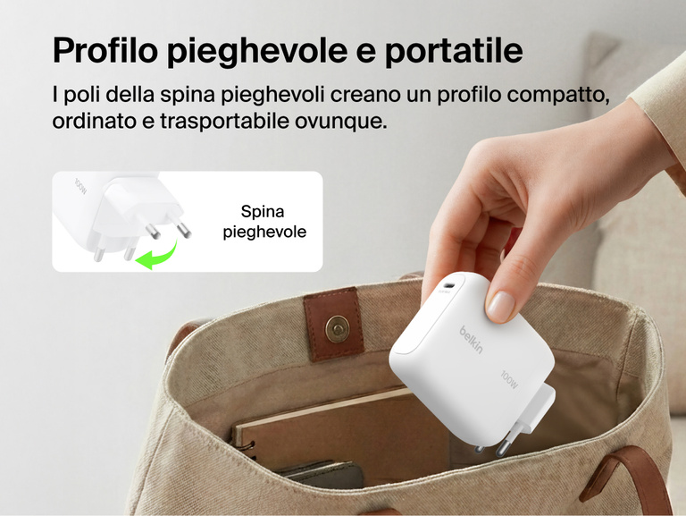 BoostCharge USB-C GaN Wall Charger 100W with foldable prongs being placed into a travel bag to highlight compact portable design for everyday charging on the go