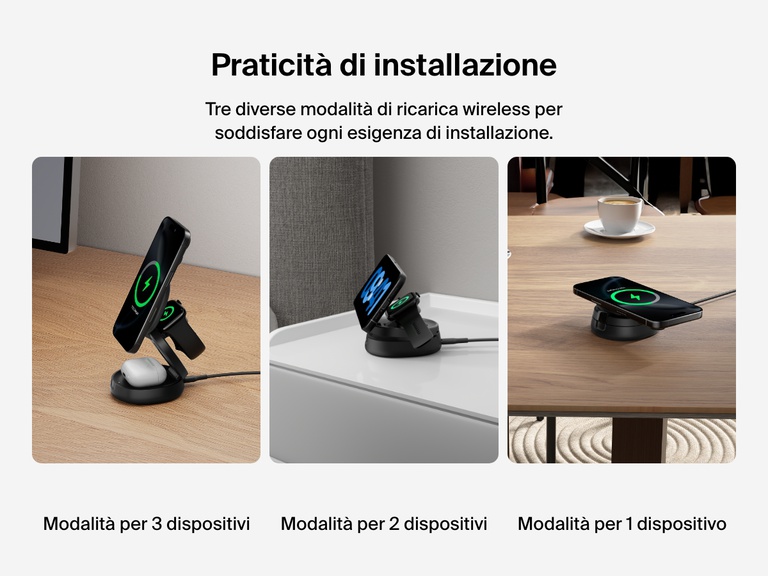 Il supporto di ricarica magnetica compatto 3 in 1 BoostCharge Belkin mostrato nelle modalità di ricarica di 3 dispositivi, 2 dispositivi e 1 dispositivo, che evidenziano la flessibilità della ricarica wireless.