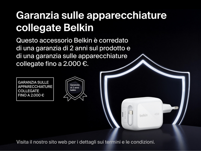 Il caricabatteria da parete GaN con cavo retrattile da 45 W Belkin UltraCharge include una garanzia di 2 anni sul prodotto e fino a 2.000 &euro; di garanzia sulle apparecchiature collegate, per una maggiore protezione dei dispositivi