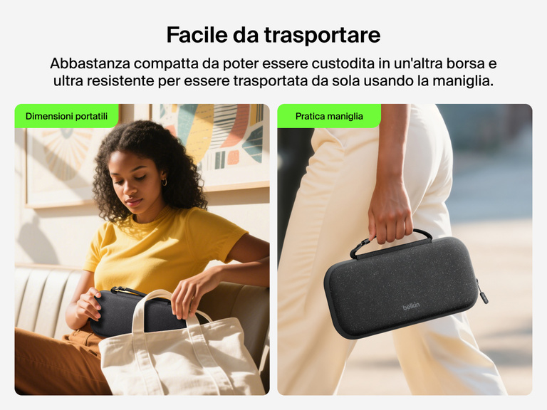 La custodia da viaggio Belkin Gaming per Nintendo Switch 2 è mostrata mentre viene custodita in una borsetta o trasportata usando la maniglia, in modo da evidenziarne la portabilità e la praticità per i viaggi.