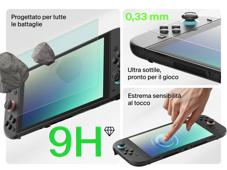 Un'immagine promozionale che evidenzia le funzionalità di un proteggi schermo per Nintendo Switch 2. Sulla sinistra, la dicitura "9H" a caratteri grandi e di colore verde enfatizza il livello di durezza elevato, con pietre che colpiscono lo schermo per mostrarne la resistenza. Nell'angolo in alto a destra, il design ultra sottile di soli 0,33 mm riporta il testo "Pronto per il gioco". In basso a destra, un dito sullo schermo che testimonia la perfetta sensibilità al tocco. Tutte le immagini mettono in risalto la resistenza, la sottigliezza e la reattività della pellicola protettiva.