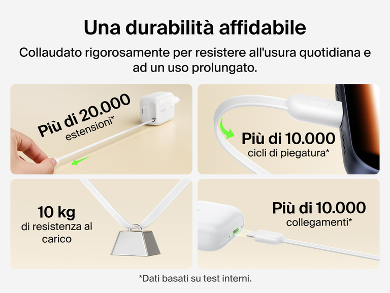 Caricabatteria da parete GaN con cavo retrattile da 45 W Belkin UltraCharge che ricarica due dispositivi nello stesso istante con il cavo USB-C integrato e la porta USB-C, fornendo una ricarica rapida intelligente con la distribuzione dell'alimentazione