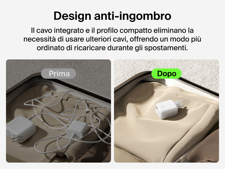 Il caricabatteria da parete GaN con cavo retrattile da 45 W Belkin UltraCharge integra un cavo USB-C da 0,7 m per ricaricare i dispositivi a casa o durante gli spostamenti in modo pratico e senza grovigli di cavi