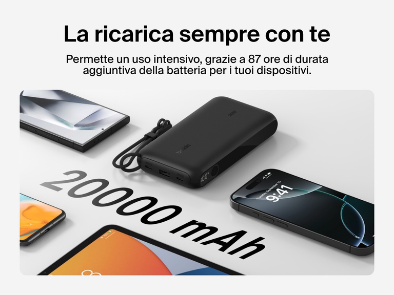Immagine della power bank 20K con display BoostCharge Belkin che fornisce fino a 87 ore di durata aggiuntiva della batteria, con una capacità di 20.000 mAh, il design compatto e un cavo USB-C rimovibile, per una ricarica portatile durante gli spostamenti.
