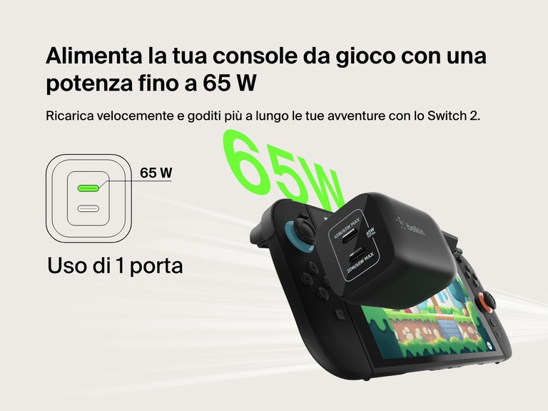 Il doppio caricabatteria da parete da 65 W Belkin Gaming fornisce una ricarica veloce per Nintendo Switch 2, con una potenza di 65 W in uscita tramite una singola porta USB-C.