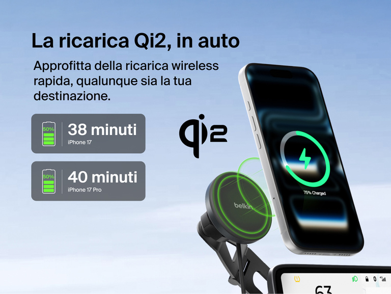 Belkin BoostCharge Magnetic Wireless Charging Car Vent Mount shown wirelessly charging a phone with Qi2 fast charging in a vehicle, highlighting quick 0&ndash;50% charge times for iPhone 17 and iPhone 17 Pro.