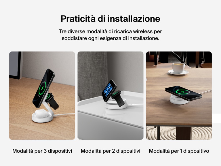 Il supporto di ricarica magnetica compatto 3 in 1 BoostCharge Belkin mostrato nelle modalità di ricarica di 3 dispositivi, 2 dispositivi e 1 dispositivo, che evidenziano la flessibilità della ricarica wireless.