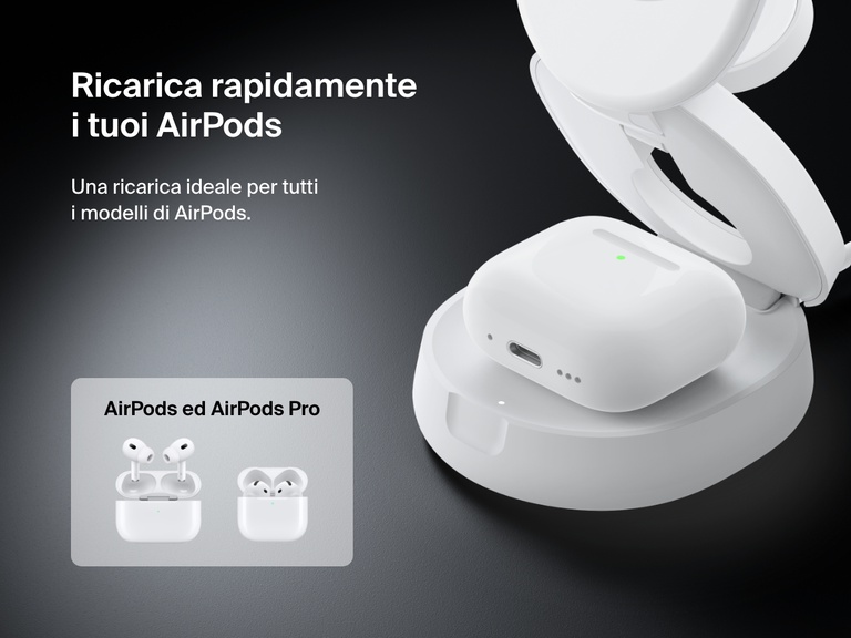 Illustrazione del supporto di ricarica magnetica compatto 3 in 1 BoostCharge Belkin mentre ricarica in modalità wireless gli AirPods, mettendo in risalto la sua compatibilità con tutti i modelli di AirPods ed AirPods Pro.