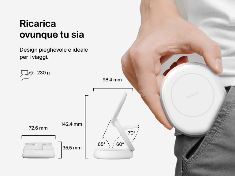 Il supporto di ricarica magnetica compatto 3 in 1 BoostCharge Belkin mostrato piegato per evidenziarne la sua portabilità, le dimensioni ideali per i viaggi, il peso di soli 230 g, e l'angolo di visualizzazione regolabile.
