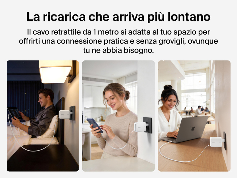 Immagine del caricabatteria da parete GaN da 67 W con cavo retrattile Belkin UltraCharge che ricarica dispositivi da una presa a muro in una camera da letto, in cucina e in un ufficio.