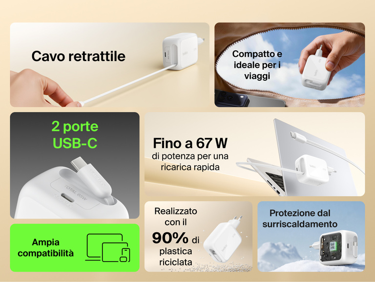 Immagine del caricabatteria da parete GaN da 67 W con cavo retrattile Belkin UltraCharge con in evidenza le due porte USB-C, la ricarica rapida fino a 67 W, il design compatto e ideale per i viaggi, l'ampia compatibilit&agrave; con vari dispositivi e la protezione dal surriscaldamento.