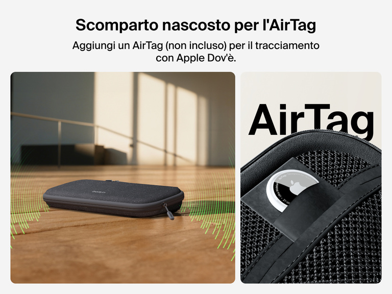 Immagine della custodia da viaggio Belkin Gaming per Nintendo Switch 2 che mostra lo scomparto nascosto per AirTag, in modo da consentirne il tracciamento tramite Apple Dov'è (AirTag non incluso).