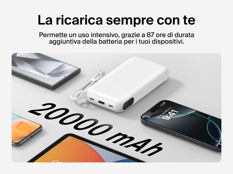Immagine della power bank 20K con display BoostCharge Belkin che fornisce fino a 87 ore di durata aggiuntiva della batteria, con una capacità di 20.000 mAh, il design compatto e un cavo USB-C rimovibile, per una ricarica portatile durante gli spostamenti.