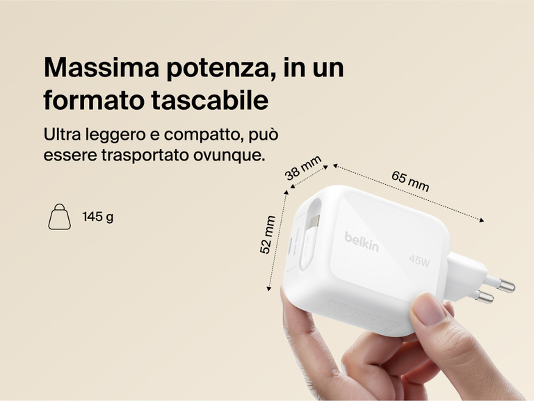 Il caricabatteria da parete GaN con cavo retrattile da 45 W Belkin UltraCharge &egrave; dotato dell'avanzata tecnologia GaN, che fornisce una ricarica rapida ad alta potenza pi&ugrave; fresca ed efficiente in termini energetici