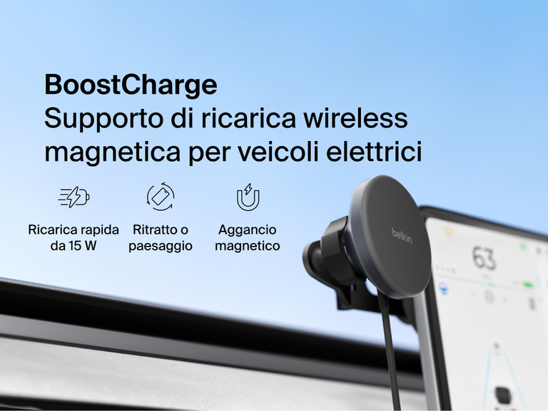 Belkin BoostCharge Magnetic Wireless Charging Car Vent Mount shown attached to a vehicle air vent with Qi2 15W fast charging and portrait- or landscape-ready magnetic phone placement.