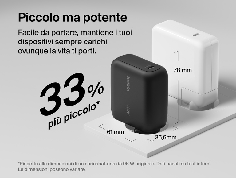 Il caricabatteria da parete GaN con cavo retrattile da 45 W Belkin UltraCharge presenta un design compatto con poli della spina pieghevoli, un profilo sottile con peso di soli 145 g, per un facile trasporto in tasca durante i viaggi