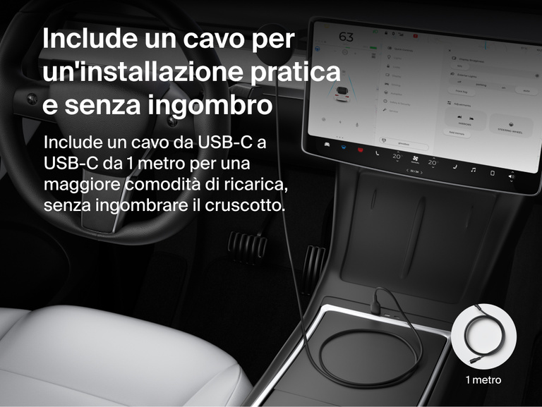 Belkin BoostCharge Magnetic Wireless Charging Car Vent Mount shown installed in a vehicle with the included 3.3 ft/1m USB-C to USB-C cable for a clean, easy-reach setup.