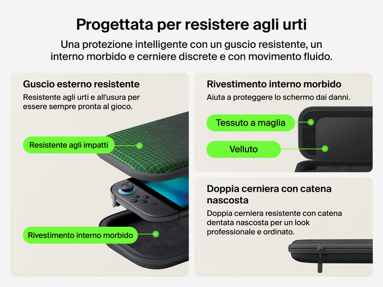 La custodia da viaggio per Nintendo Switch 2 Gaming di Belkin presenta un guscio esterno resistente, un interno morbido in velluto e tessuto a maglia e cerniere con catena nascosta per uno stile portatile, protettivo e raffinato.