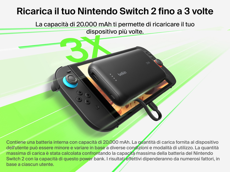 La power bank 20K (30 W) con cavo USB-C integrato Belkin Gaming ricarica il Nintendo Switch 2 fino a tre volte, grazie alla capacit&agrave; di 20.000 mAh, per giocare pi&ugrave; a lungo.