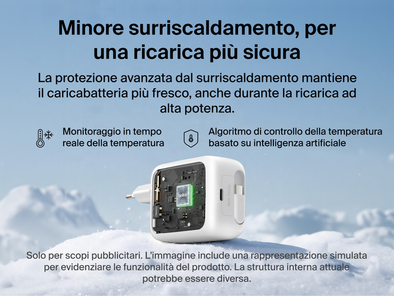 Immagine del caricabatteria da parete GaN da 67 W con cavo retrattile Belkin UltraCharge che mostra l'avanzata gestione termica, il monitoraggio della temperatura in tempo reale, e il raffreddamento basato su IA per una ricarica pi&ugrave; rapida e sicura.