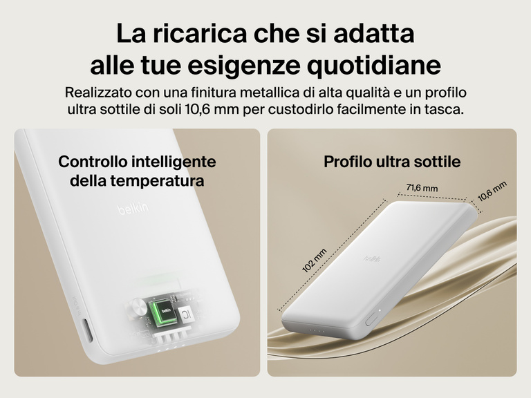 Belkin BoostCharge Slim Magnetic Power Bank 5K shown with smart thermal control and ultra-slim 0.5-inch profile designed for portable, pocket-friendly charging.