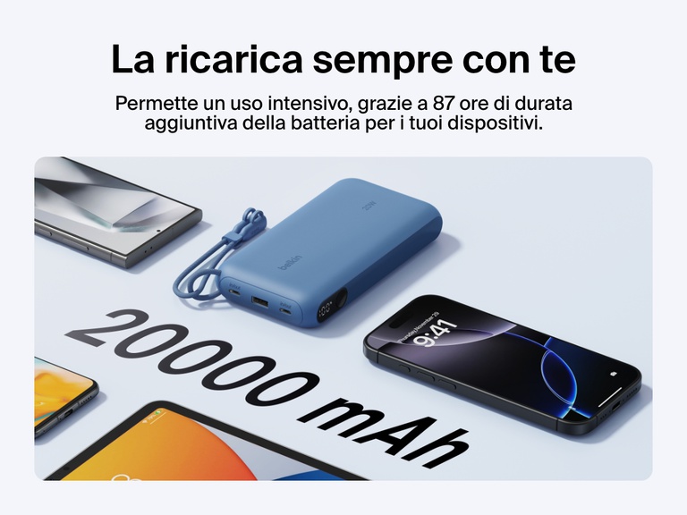 Immagine della power bank 20K con display BoostCharge Belkin che fornisce fino a 87 ore di durata aggiuntiva della batteria, con una capacità di 20.000 mAh, il design compatto e un cavo USB-C rimovibile, per una ricarica portatile durante gli spostamenti.