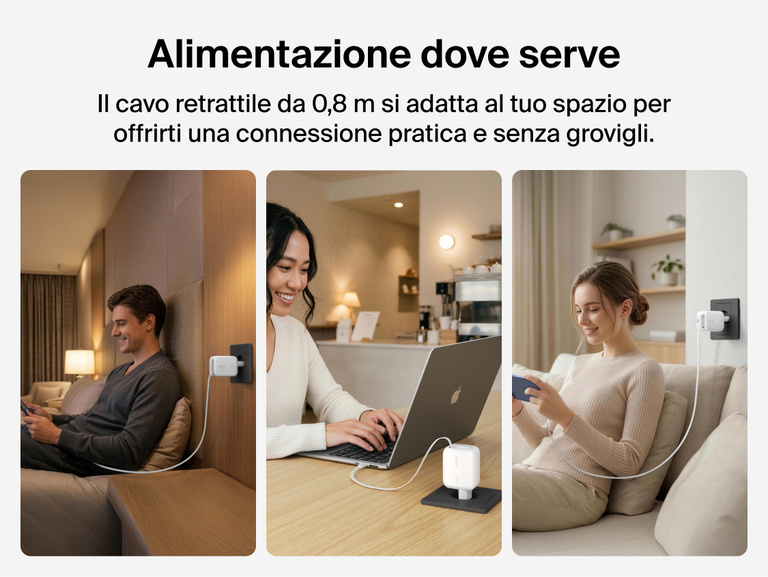 Il caricabatteria da parete GaN con cavo retrattile da 45 W Belkin UltraCharge offre una ricarica rapida fino a 45 W con il cavo USB-C, in grado di ricaricare velocemente uno smartphone dallo 0 al 50% 