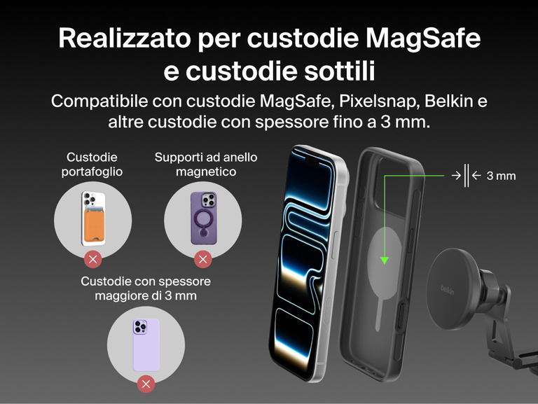Belkin BoostCharge Magnetic Wireless Charging Car Vent Mount shown compatible with MagSafe, Pixelsnap, and thin Belkin cases up to 3mm, with wallet cases, thick cases, and ring grips not supported.
