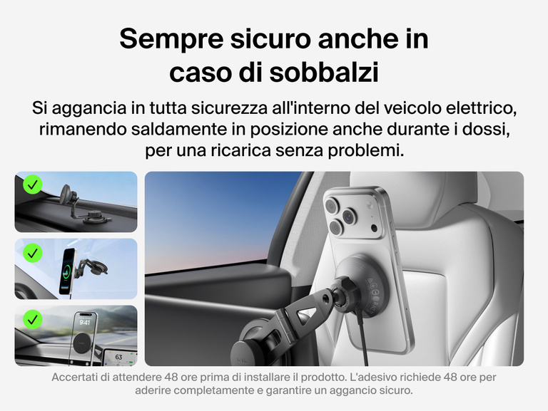 Belkin BoostCharge Magnetic Wireless Charging Car Vent Mount shown with compatible vertical and horizontal air vents and incompatible circular, very thin, and mesh-style vents.