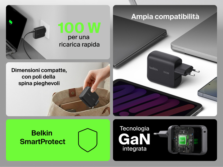 Il caricabatteria da parete GaN con cavo retrattile da 45 W Belkin UltraCharge include un cavo USB-C da 0,7 m integrato, una singola porta USB-C, la ricarica rapida, un design compatto ideale per i viaggi e la protezione contro il surriscaldamento