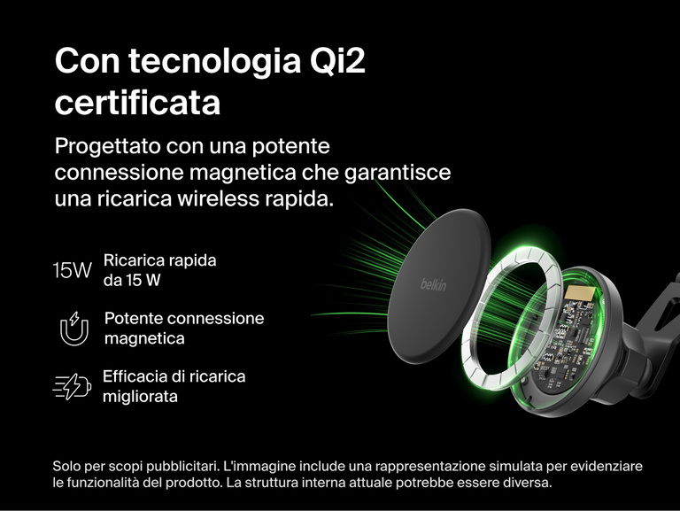 Belkin BoostCharge Magnetic Wireless Charging Car Vent Mount shown with an exploded view of its Qi2-certified magnetic coil system highlighting 15W fast charging, strong magnetic connection, and optimized efficiency.