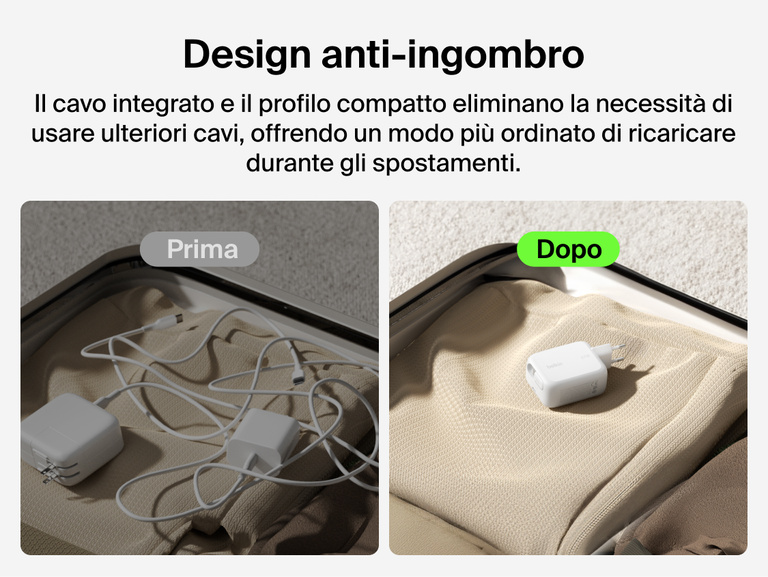 Immagine del caricabatteria da parete GaN da 67 W con cavo retrattile Belkin UltraCharge mostrato prima e dopo la preparazione ad un viaggio, a dimostrarne il design compatto che offre una ricarica senza ingombro.