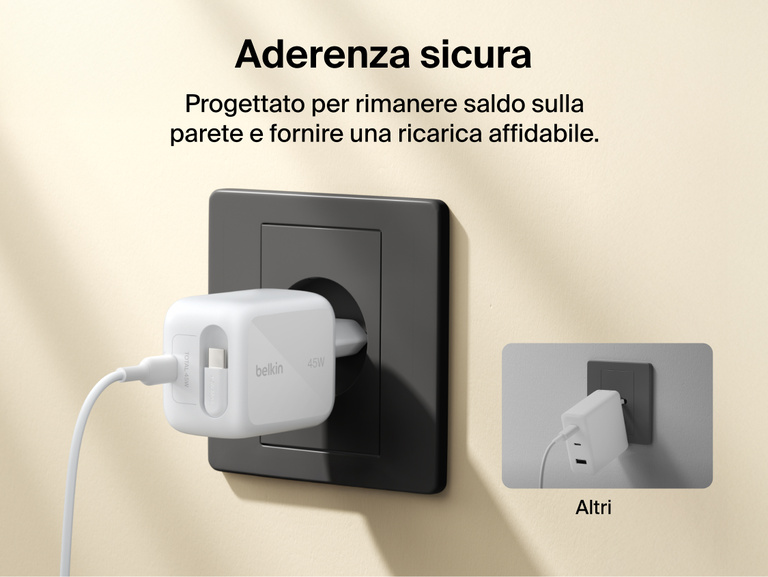 Il caricabatteria da parete GaN con cavo retrattile da 45 W Belkin UltraCharge &egrave; compatibile universale con dispositivi USB-C quali iPhone, Android, iPad, laptop, accessori indossabili e altri ancora