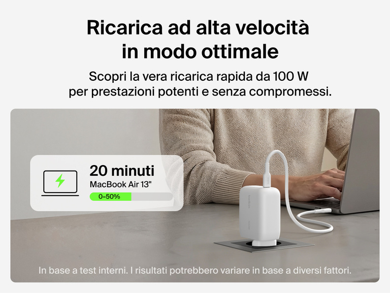Il caricabatteria da parete GaN con cavo retrattile da 45 W Belkin UltraCharge include un cavo USB-C da 0,7 m integrato, una singola porta USB-C, la ricarica rapida, un design compatto ideale per i viaggi e la protezione contro il surriscaldamento