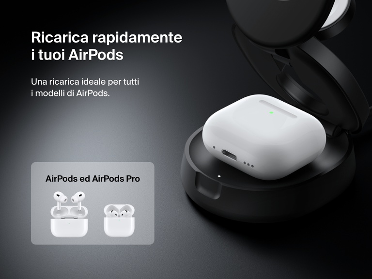 Illustrazione del supporto di ricarica magnetica compatto 3 in 1 BoostCharge Belkin mentre ricarica in modalità wireless gli AirPods, mettendo in risalto la sua compatibilità con tutti i modelli di AirPods ed AirPods Pro.